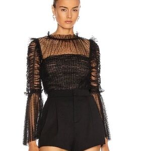 Self-Portrait—Sheer Dot Ruffle Long-Sleeve Top